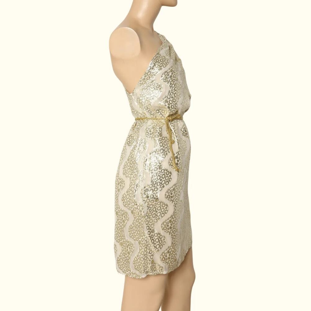 MELISSA ODABASH Gold Shimmer One Shoulder Belted Mini Dress